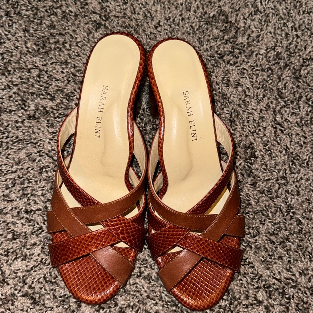 Sarah Flint Brown Leather Crisscross Slide Sandals